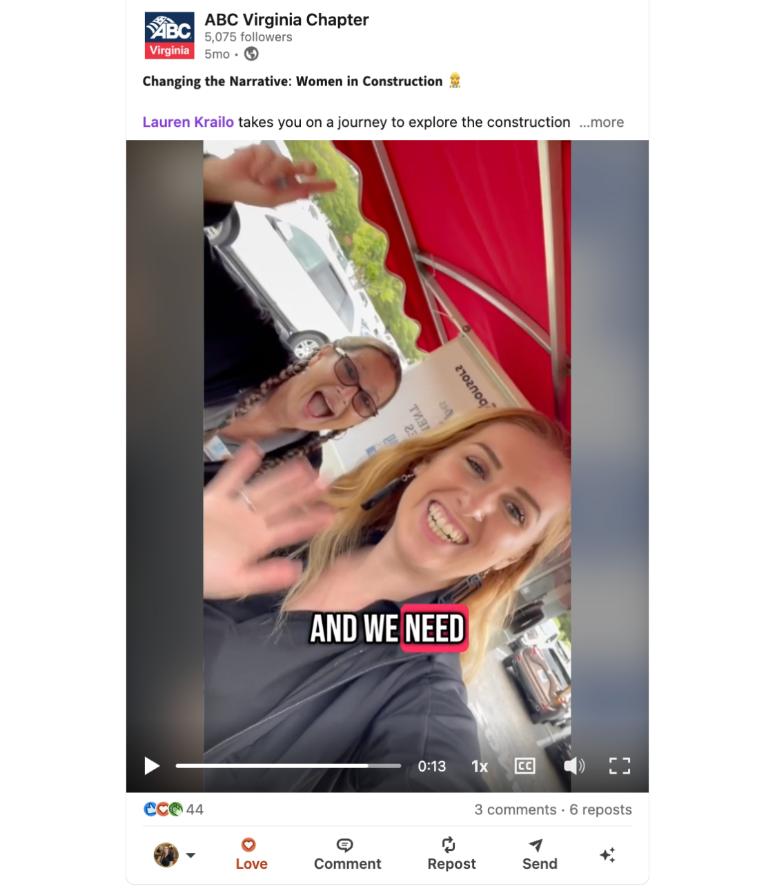 A LinkedIn post from ABC VA featuring Lauren Krailo and her colleague waving in a golf cart.