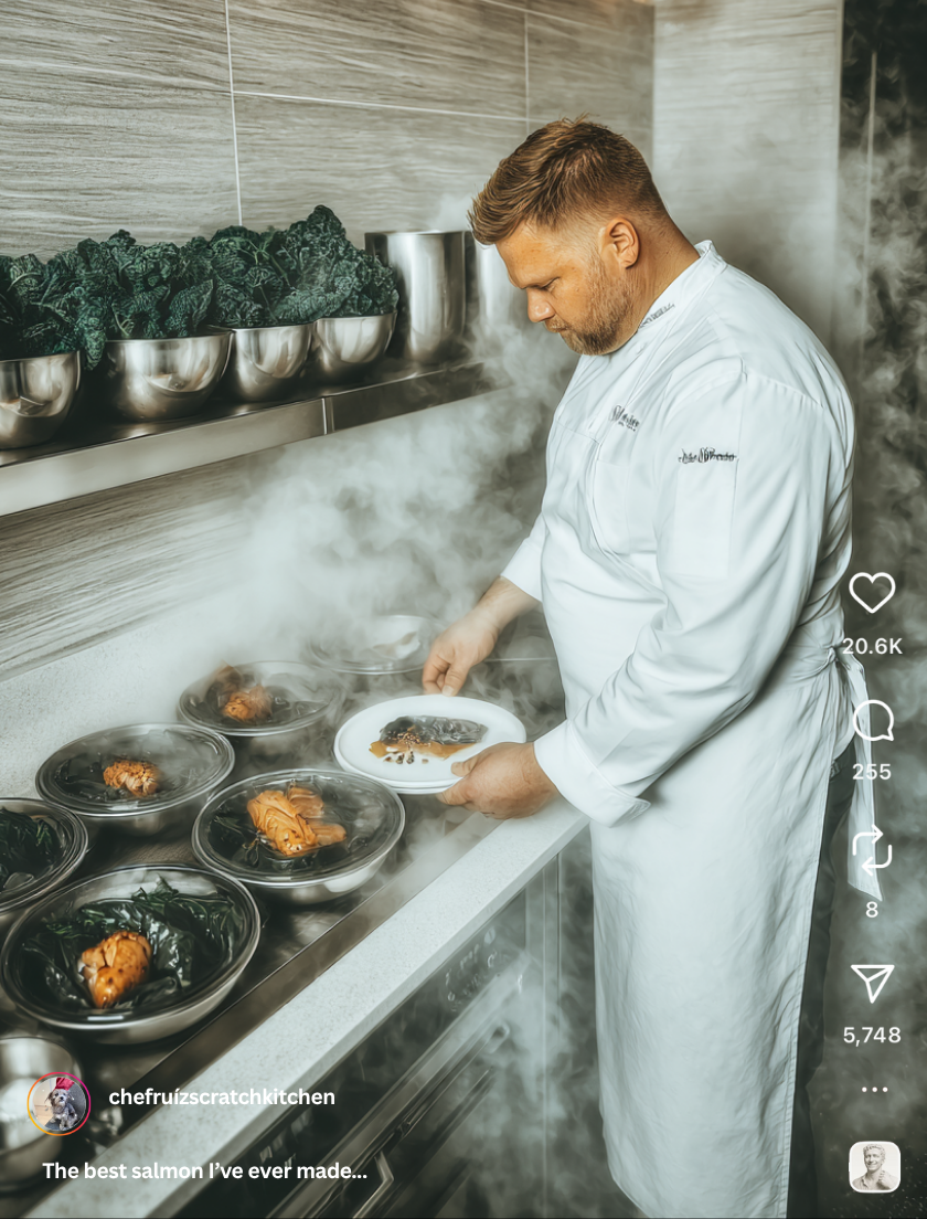 A social media post of is Chef in the kitchen cooking salmon.
