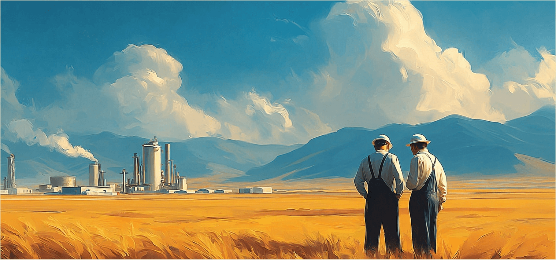 Two men standing near an oil refinery