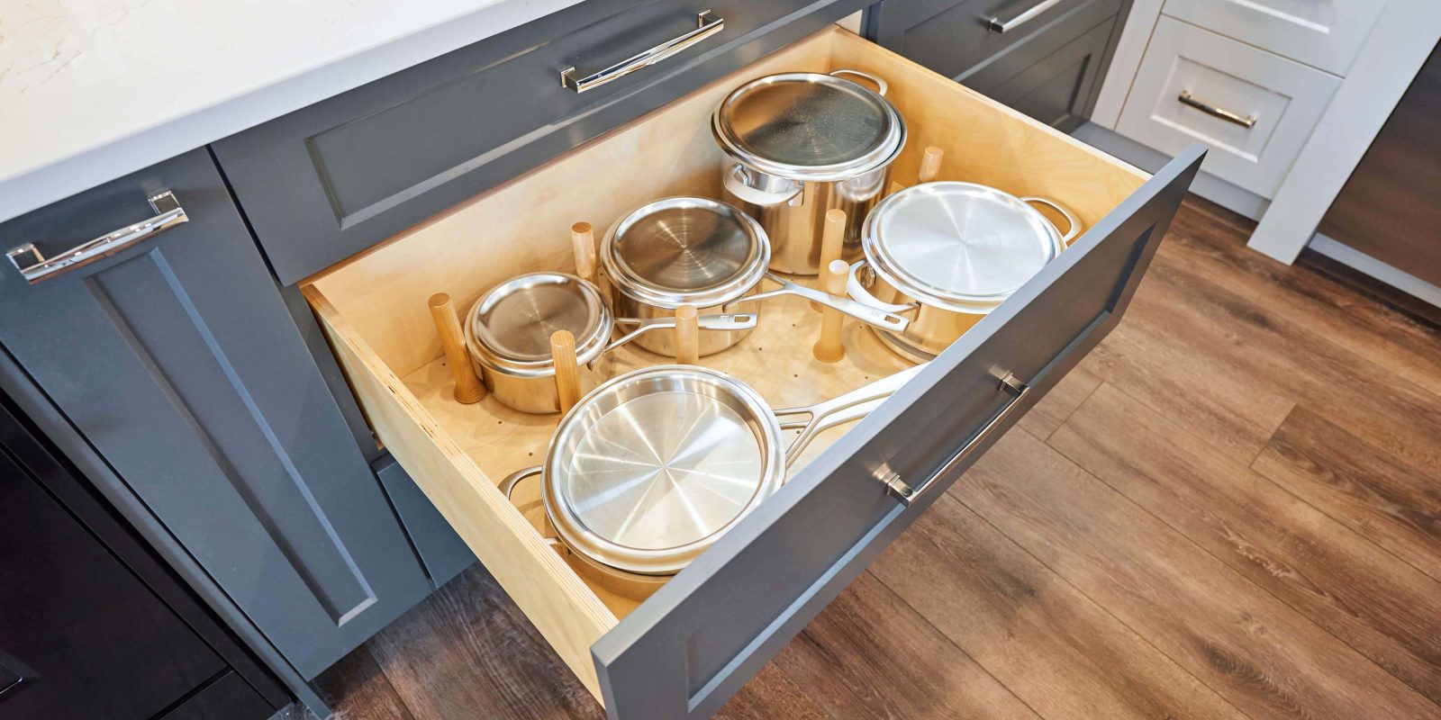 Custom drawers and storage provide ample secure space.