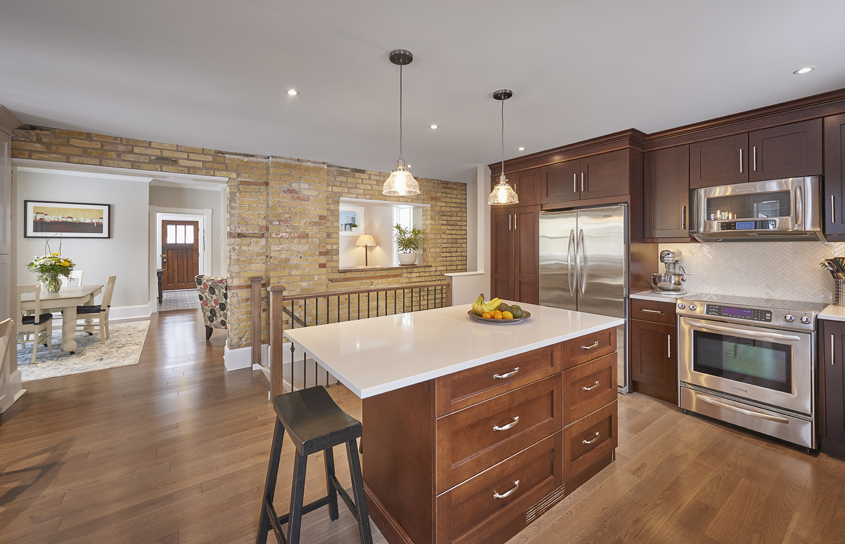 Exposed yellow brick brings back some of that old-world charm.