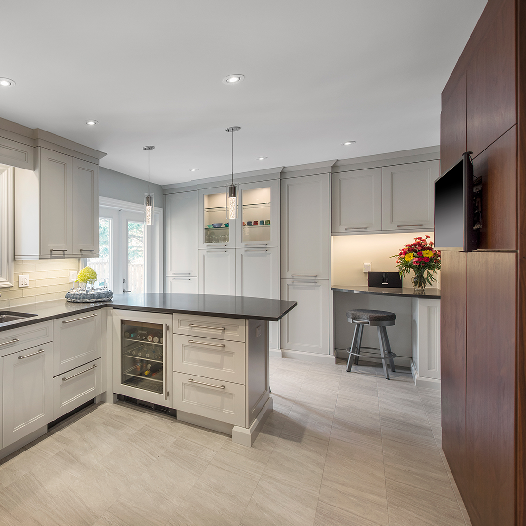 The floor is a large UltraCeramic luxury vinyl tile that is durable, crack-resistant, and warmer underfoot than a porcelain or ceramic floor.