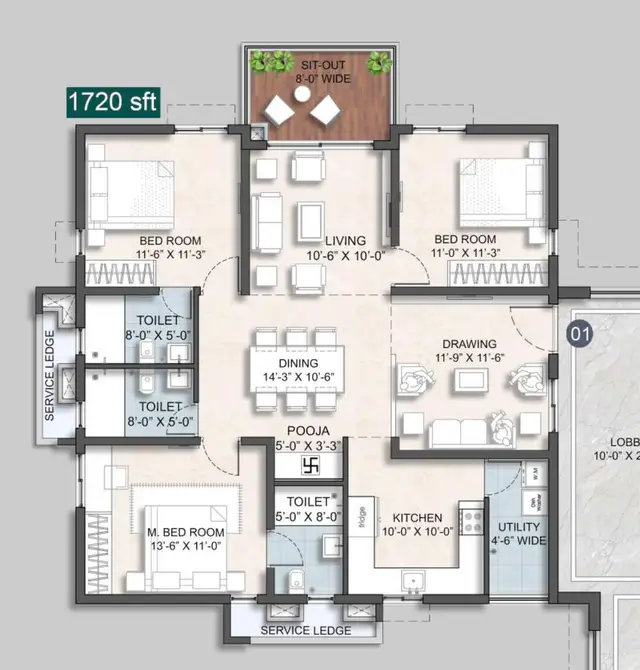Anvita Ivana Floor Plan (1720 sqft)