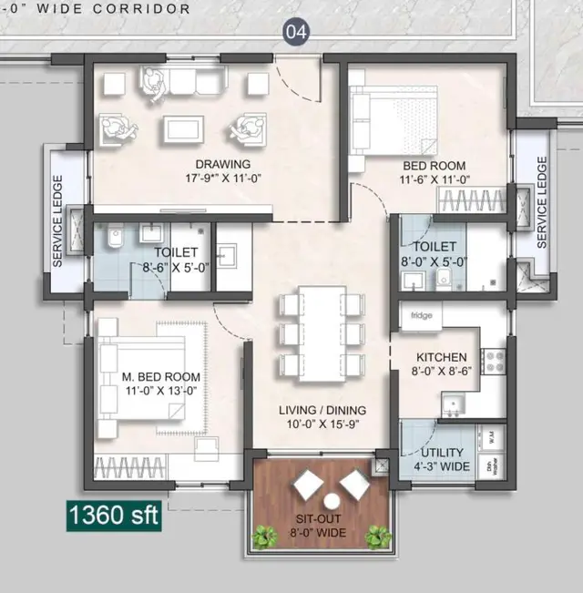 Anvita Ivana Floor Plan (1360 sqft)