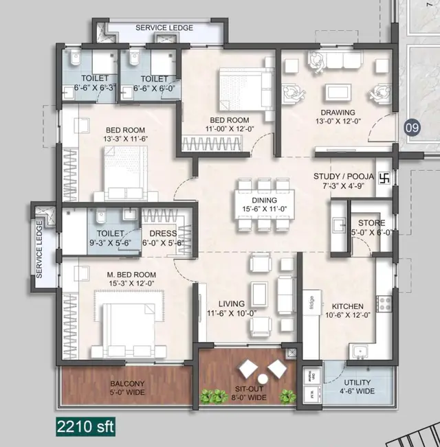 Anvita Ivana Floor Plan (2210 sqft)
