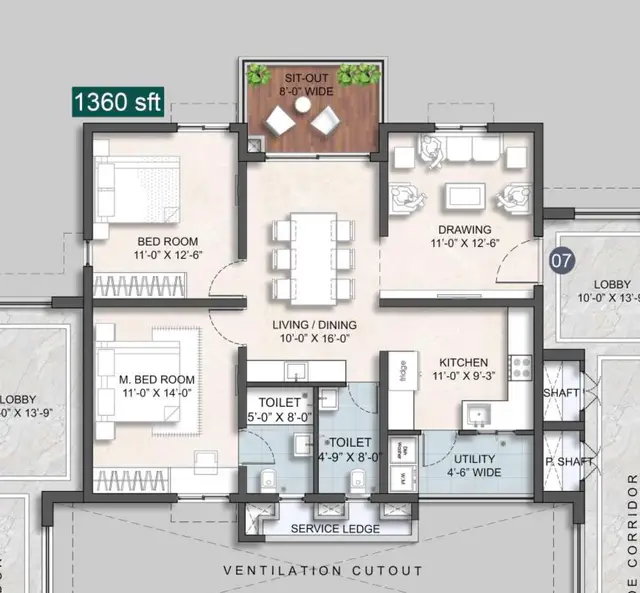 Anvita Ivana Floor Plan (1360 sqft)