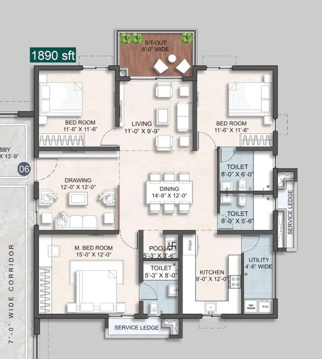 Anvita Ivana Floor Plan (1890 sqft)