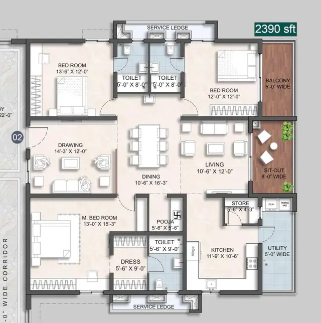 Anvita Ivana Floor Plan (2390 sqft)