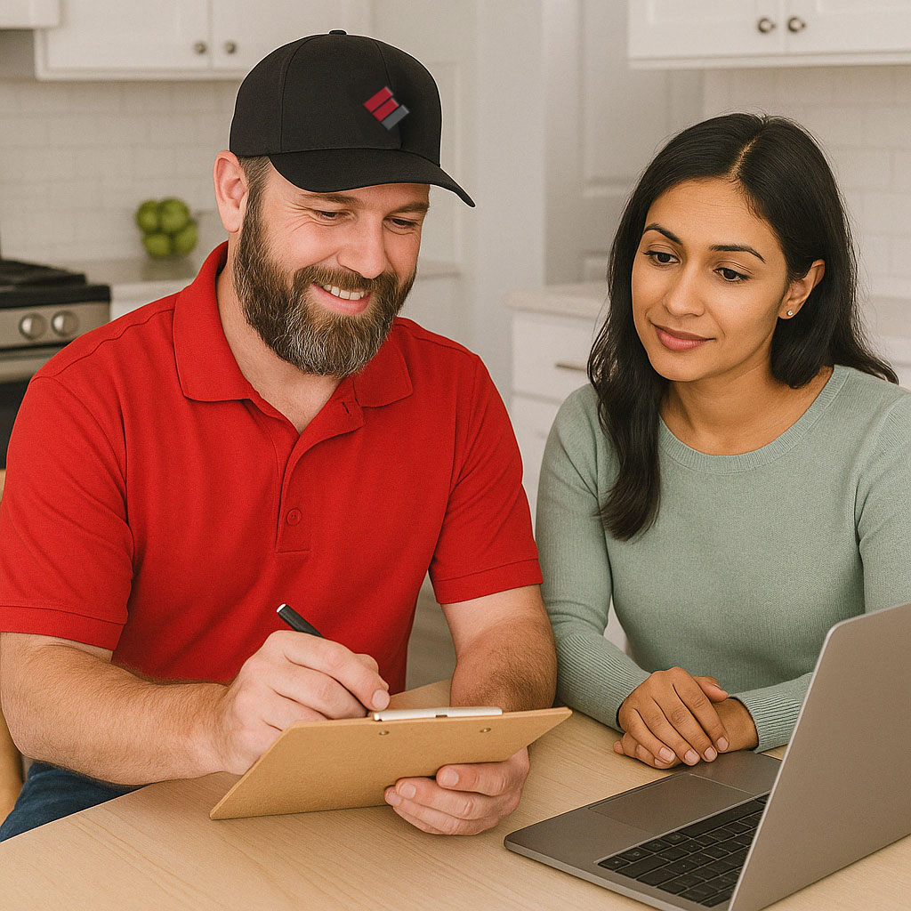 Epp Foundation Repair technician discussing concrete leveling services with homeowner at kitchen table in Lincoln, NE, using clipboard and laptop.