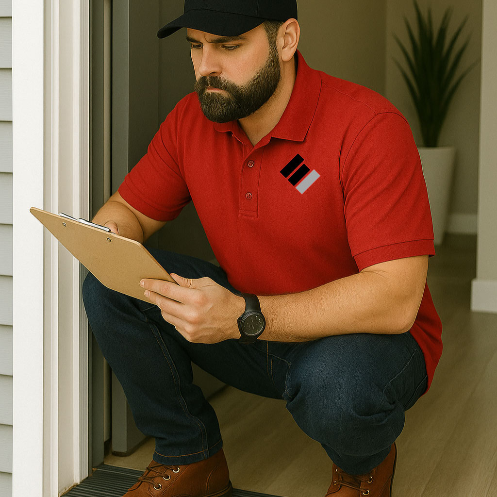 Epp Foundation Repair technician inspecting concrete leveling needs at a home in Lincoln, NE, while taking notes on a clipboard at the front door.