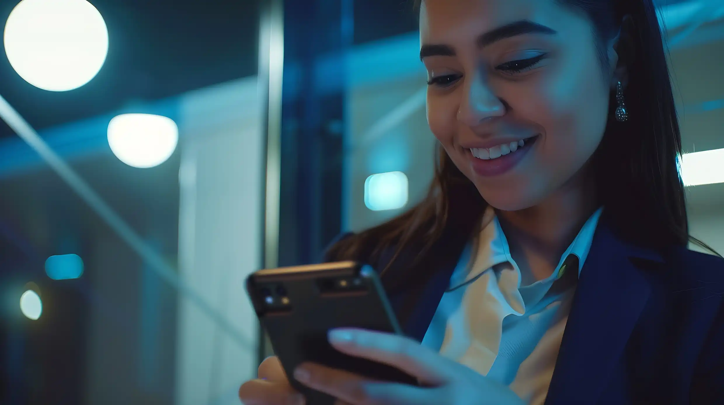 Smiling woman in a blue jacket holding a smartphone, standing in a bright modern office with large windows in the background