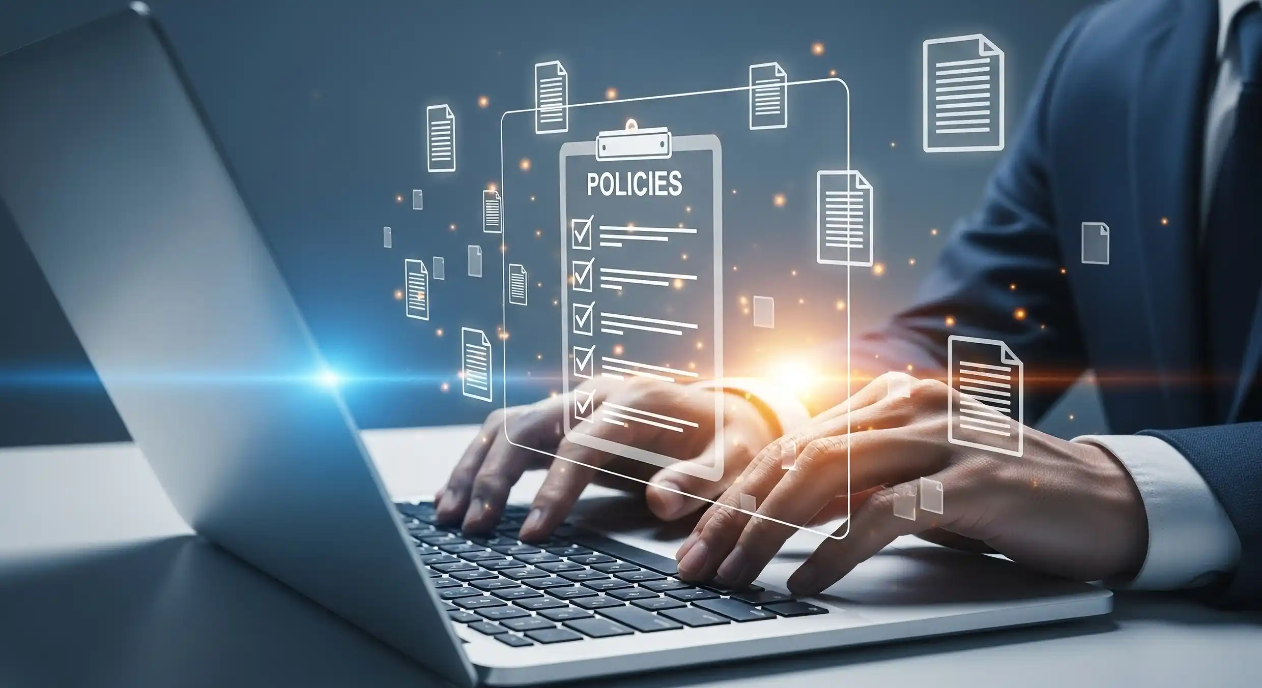 Person typing on a laptop with digital icons of policies and documents.