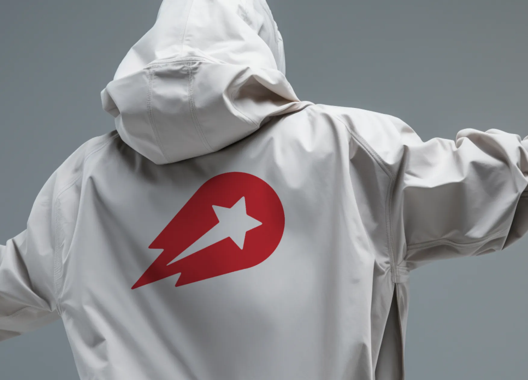 a person wearing a white jacket with the Delivery Hero logo on it