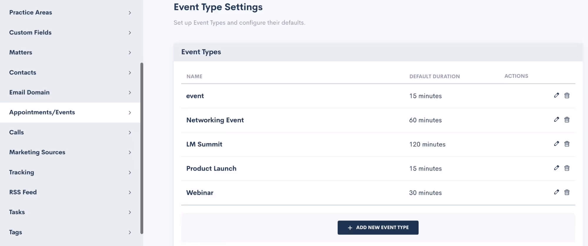 Event type settings