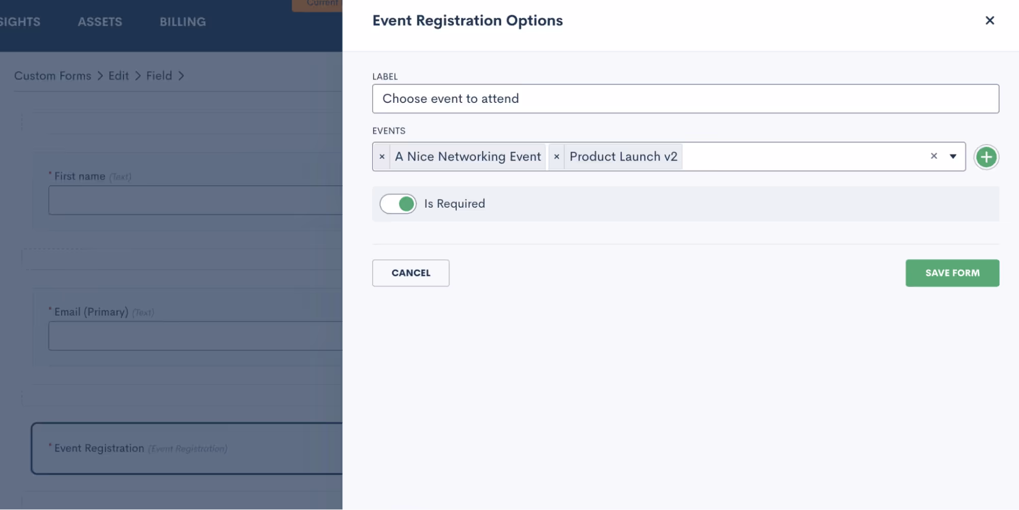 Setting event registration options