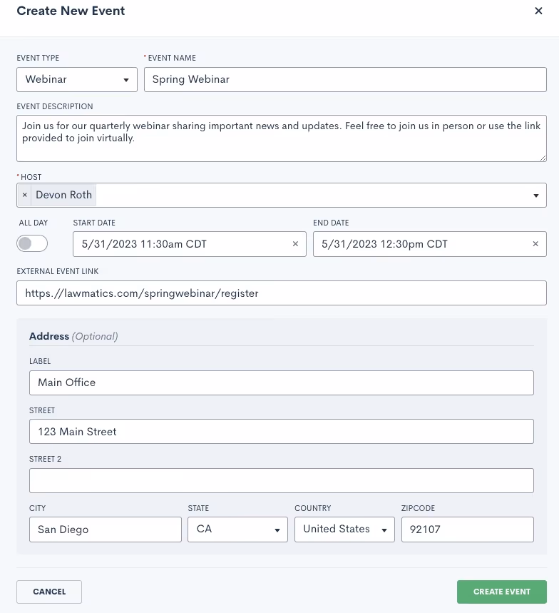 Creating a new event