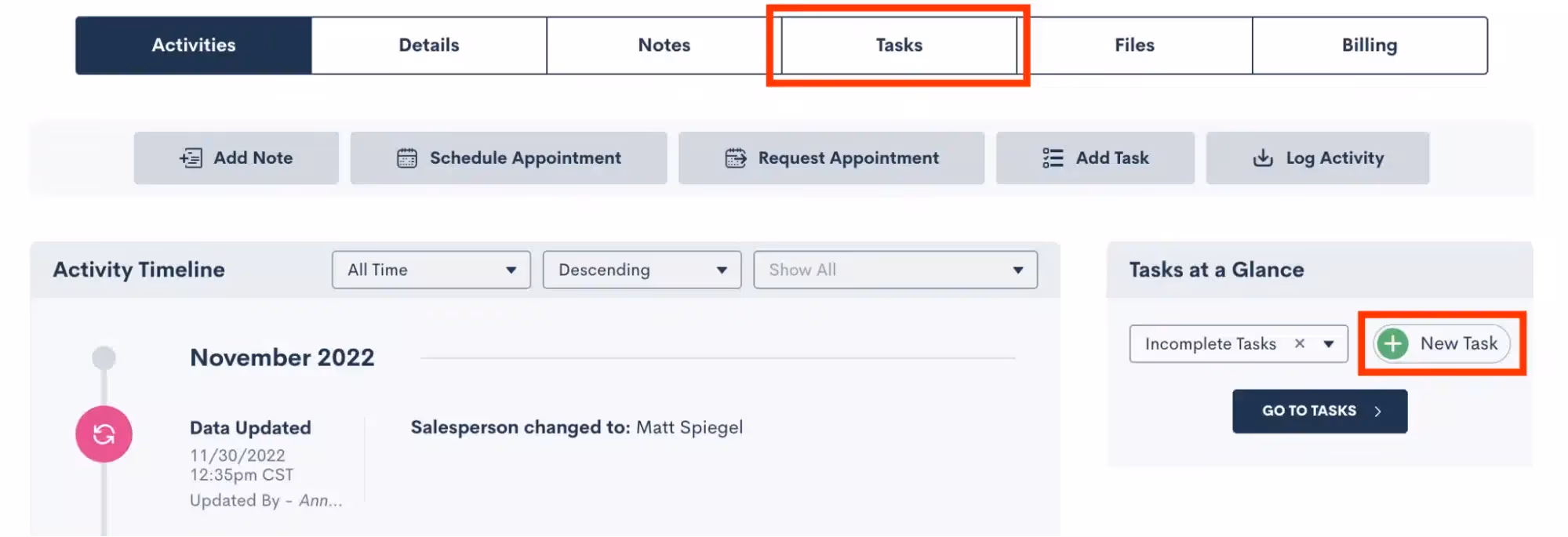 Select either the Tasks tab or the New Task button from the tasks sidebar.