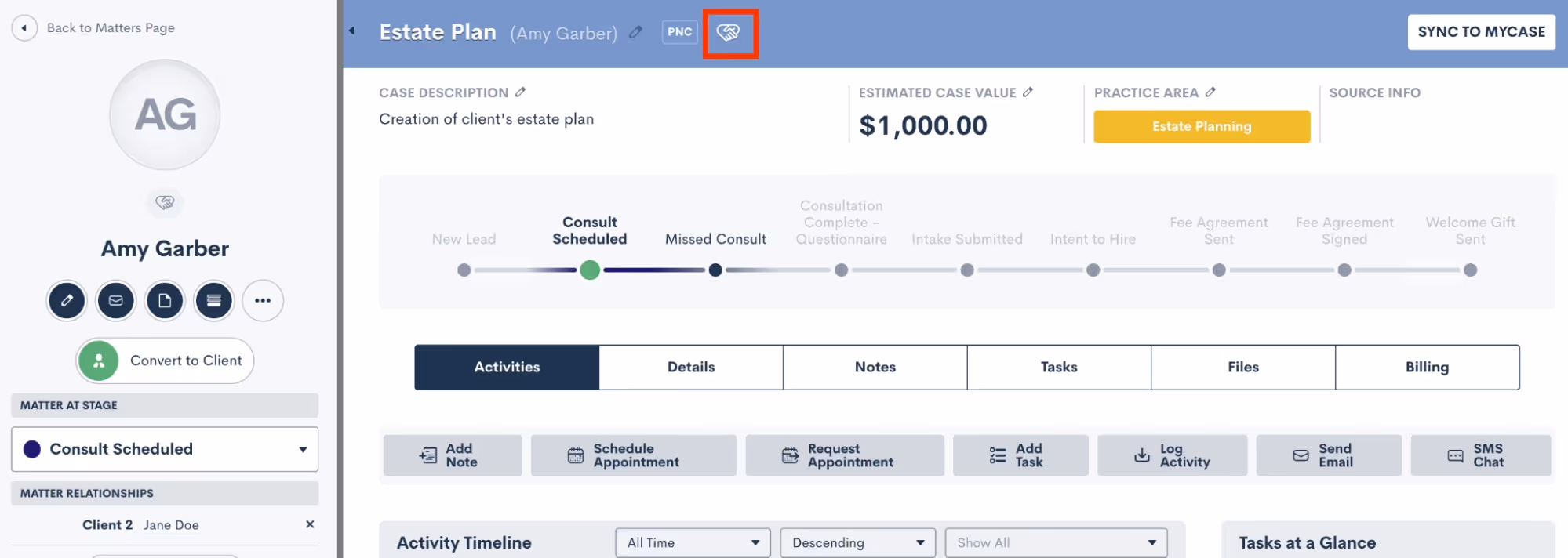 Once on the matter profile, click the handshake icon, highlighted in red.