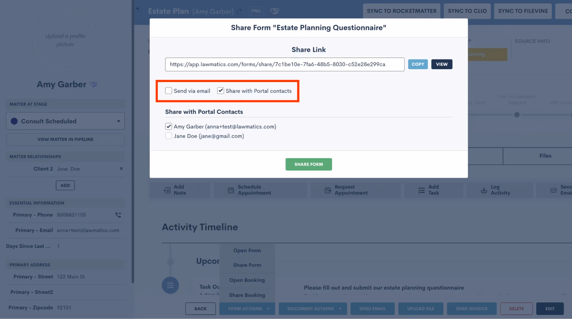 When sharing a Form from a matter’s profile, you will see that you have the option to copy the share link, send via email, and/or share with portal contacts.