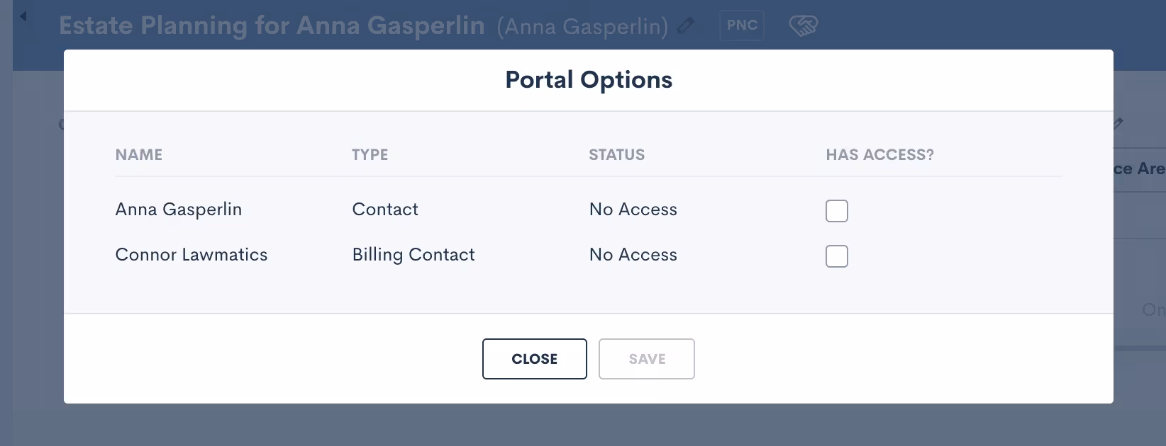 Options to grant access for the main contact on the matter, as well as any other related contacts.