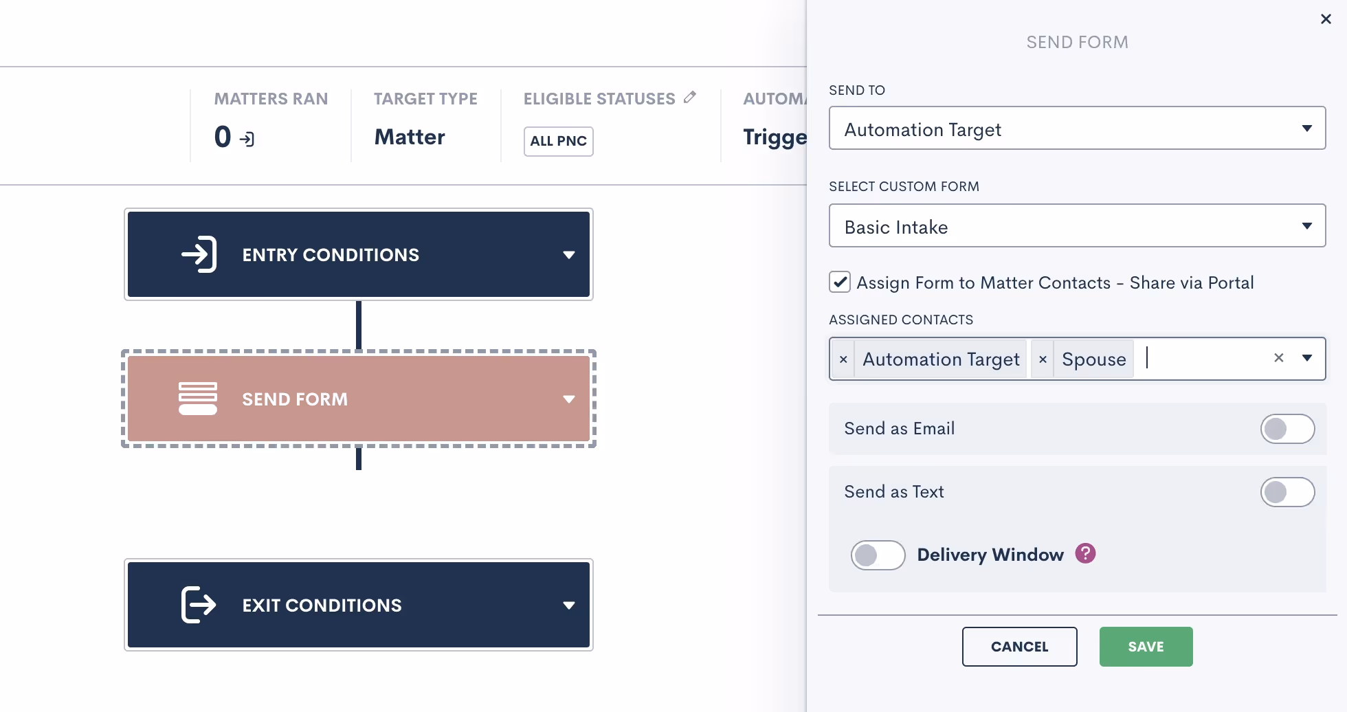 To share the Form to the Client Portal via Automation, simply use the Send Form action item in your Automation, and then make a similar selection to choose whether to share the Form via email, text, and/or to share via Client Portal.