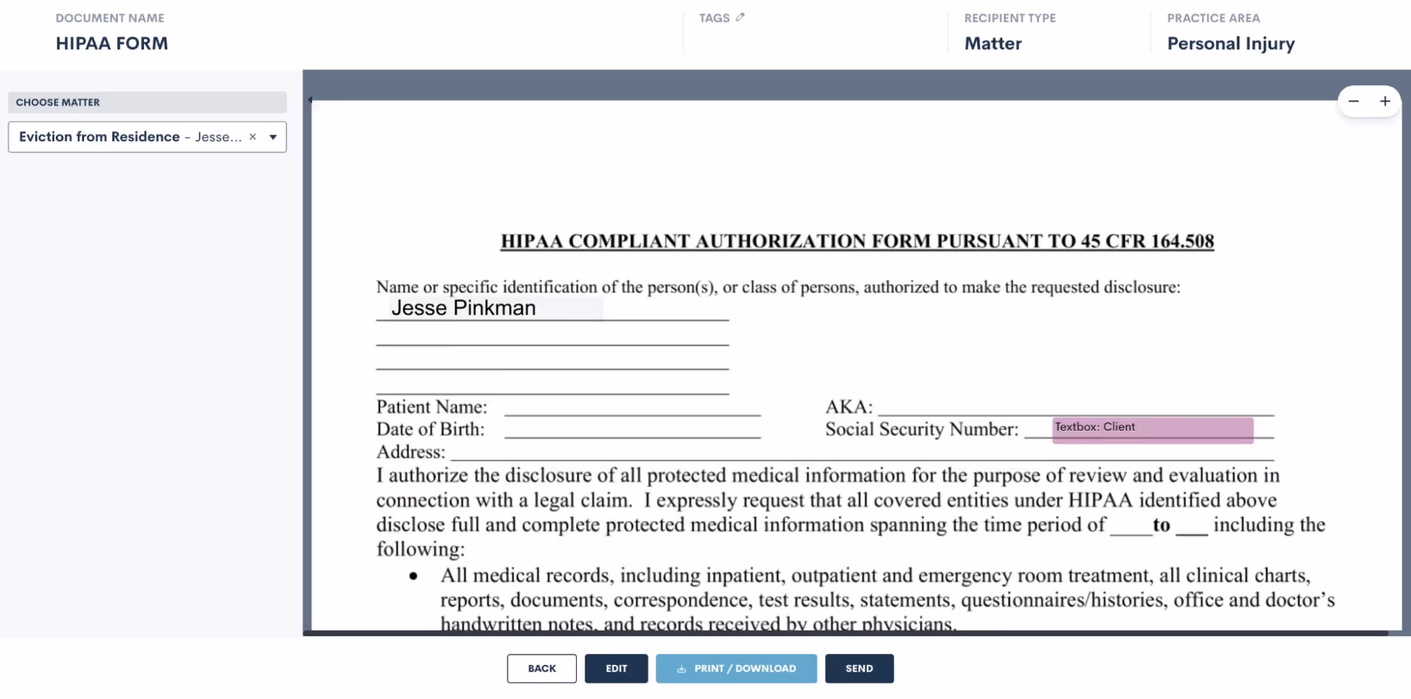 Preview the document to see what it looks like with a particular matter’s information merged in