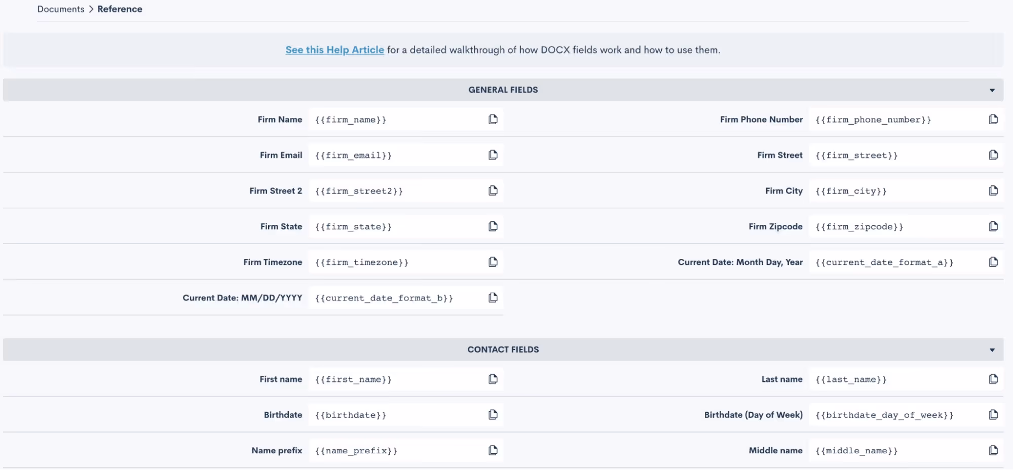 DOCX Field Reference guide