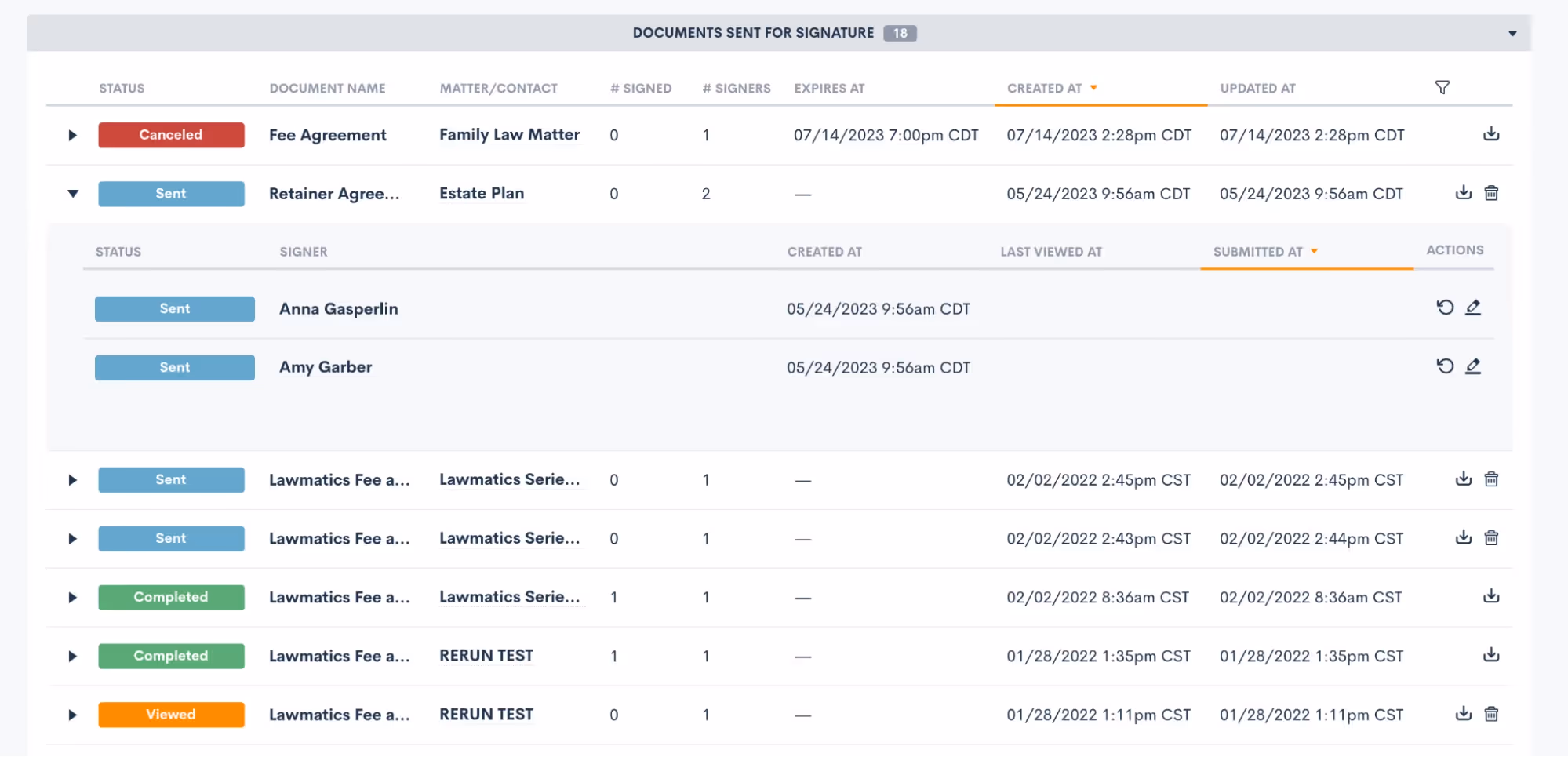 Summary view of all signature requests that have been sent