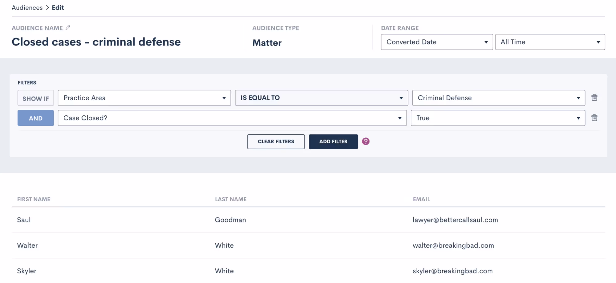 Adding a filter for practice areas as well as the case closed status