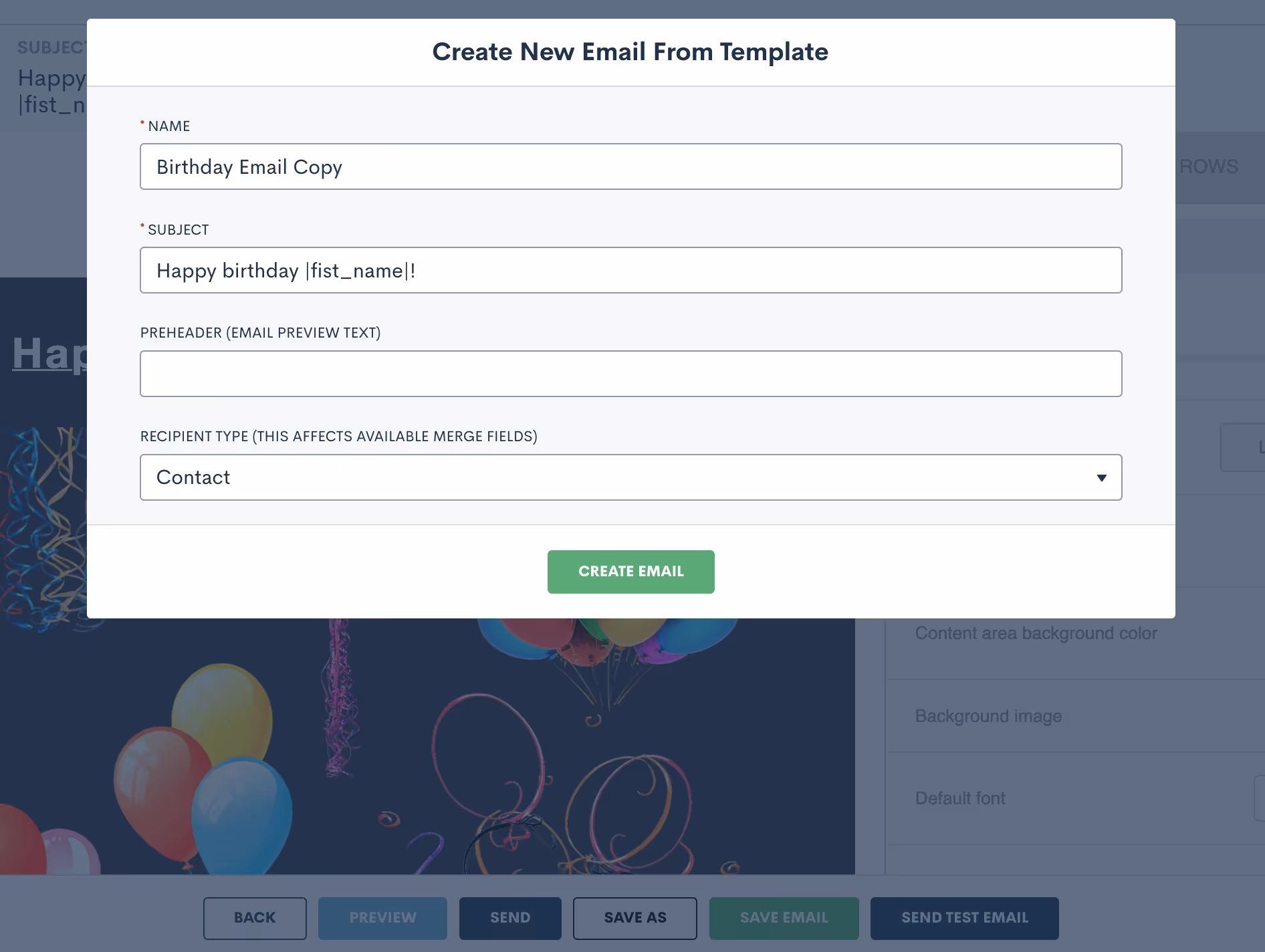 Save As to enter your email title, subject line, and enter a preheader if desired.