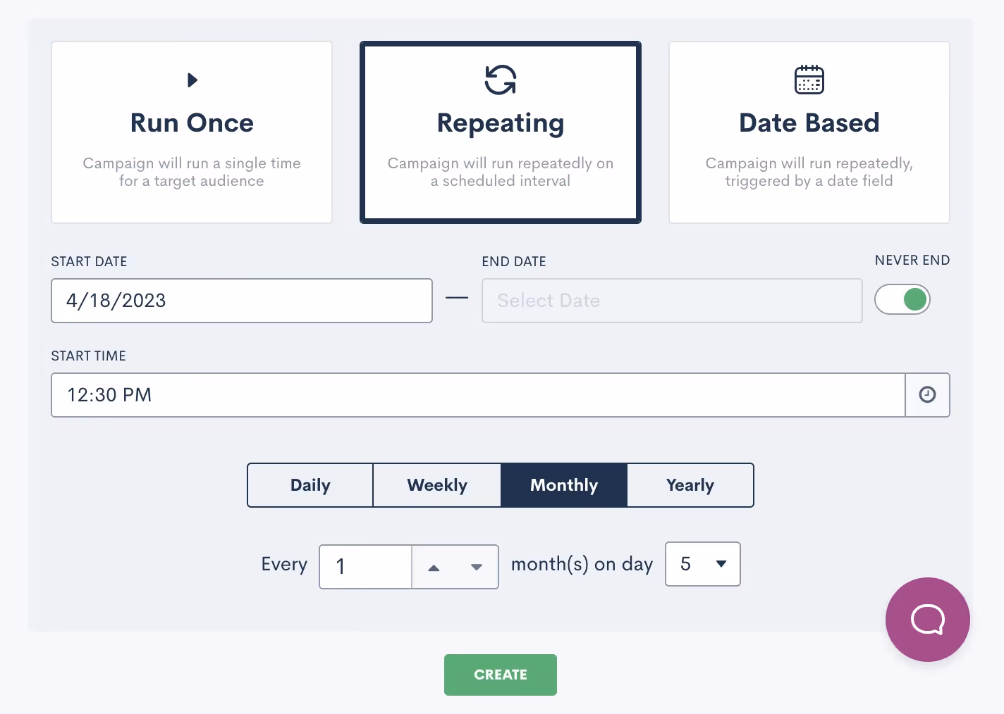 When you select Repeating, you will be able to set the custom schedule for the campaign.