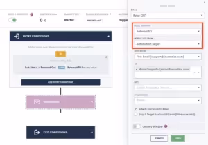 Send email automation setting set to "Email Recipient" as "Referred To" and "Merge Data From" as "Automation Target."