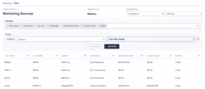 A custom report in Lawmatics with the columns First Name, Last Name, Source, Campaign, Estimated Value, Actual Value, and Status.