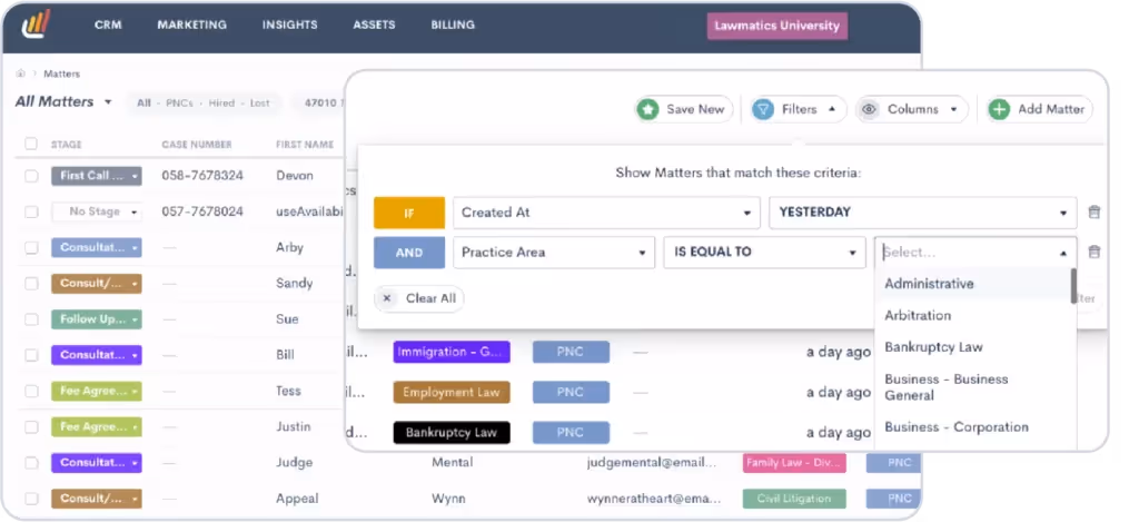 Filter and sort your table of matters