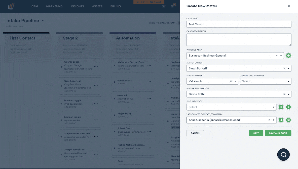 Create New Pipeline and/or Stage When Adding New Matter