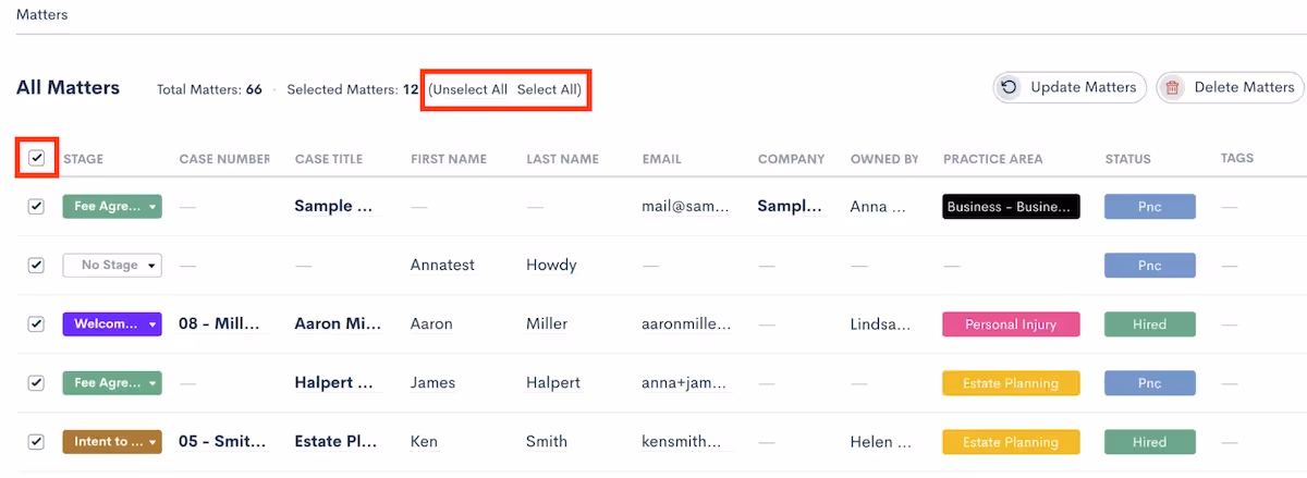 Select All option on Matter Page