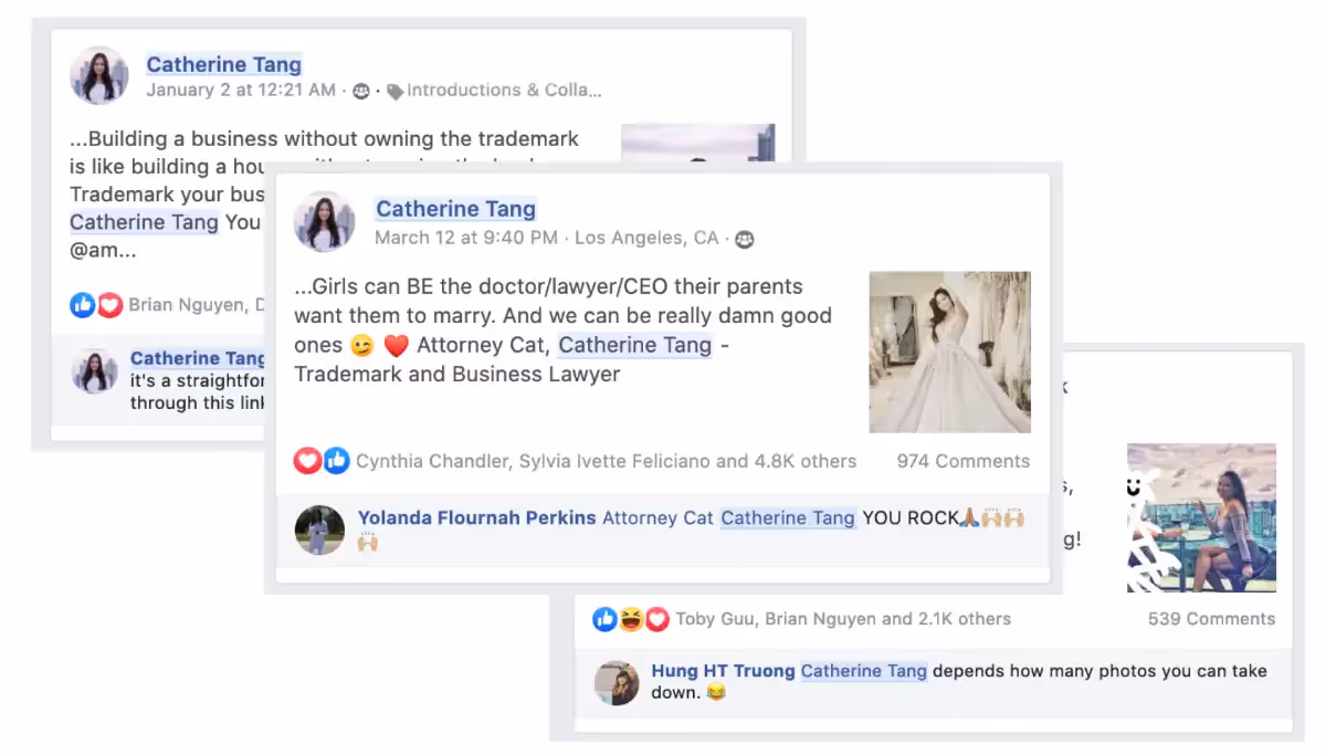 3 Facebook posts by Catherine Tang with several thousand likes.