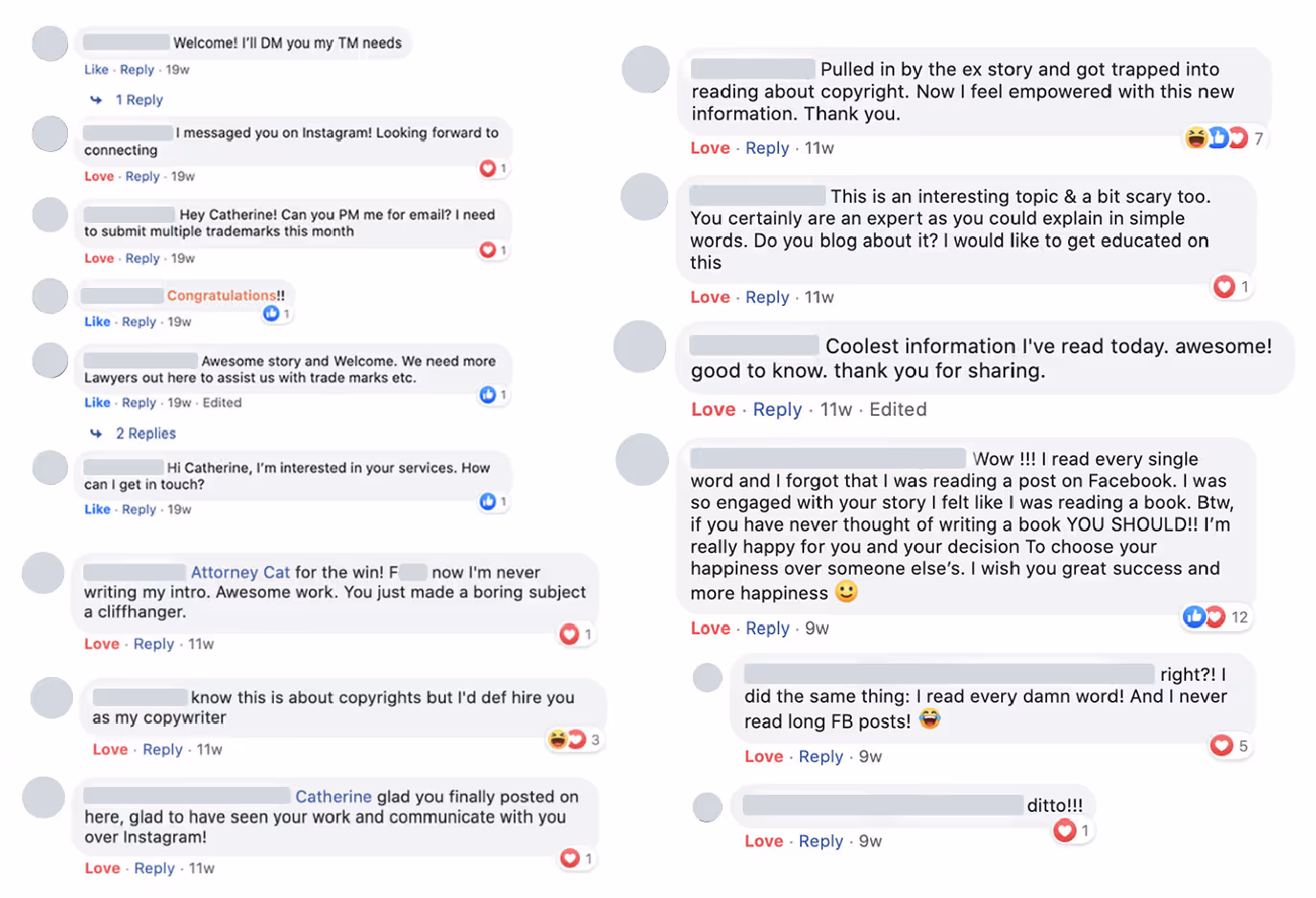 Comments seen below Catherine Tang's posts supporting her and asking for future content.