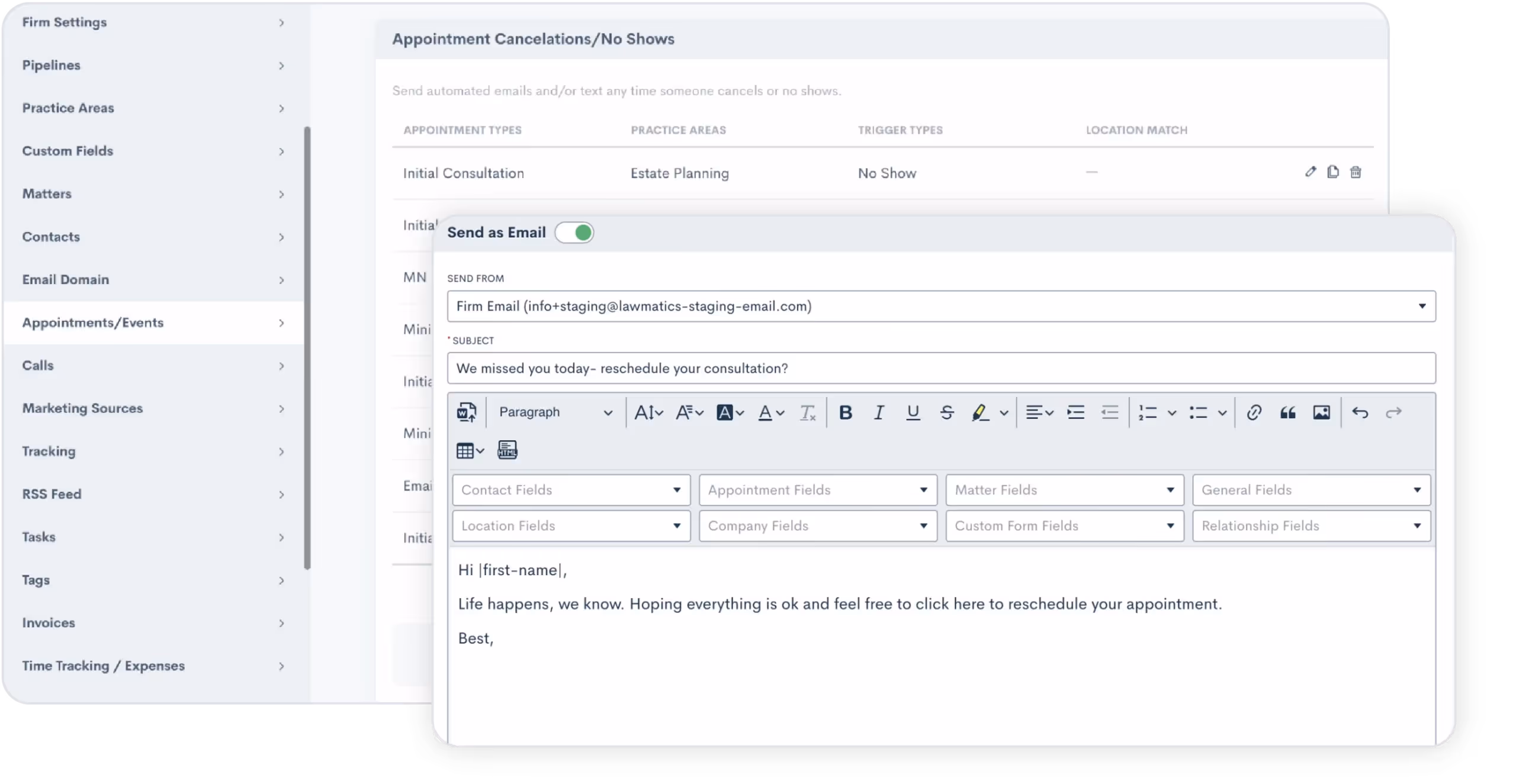Create custom no show/cancelation emails