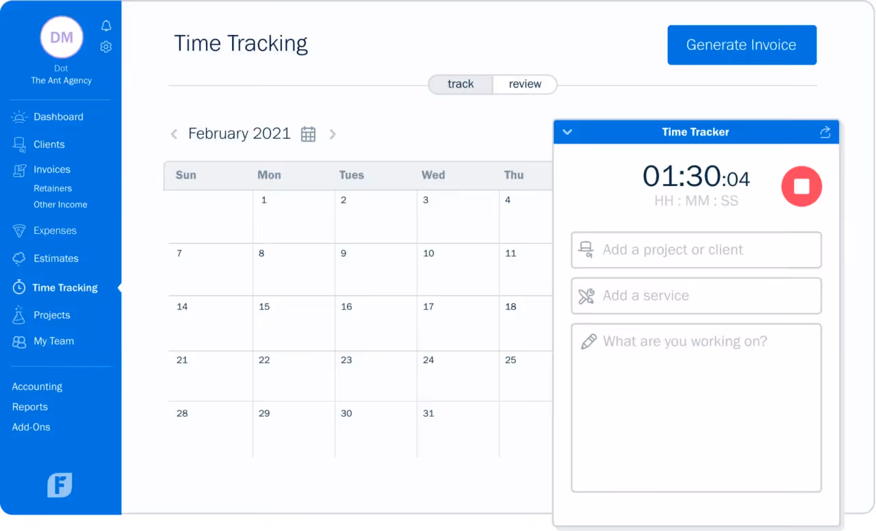 FreshBooks displays its time-tracking dashboard with a monthly calendar for February 2021 and a pop-up window with a timer, stop button, and text boxes for adding projects, services, and descriptions to time entries.