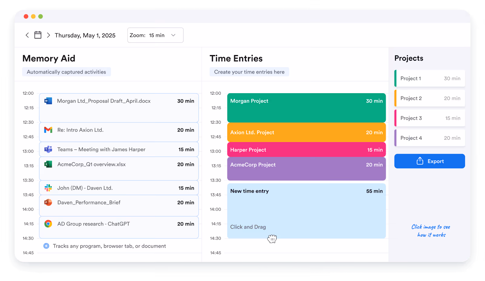 Memtime displays its home dashboard with three columns — Memory Aid, Time Entries, and Projects — showing automatically tracked activities to assign to projects.