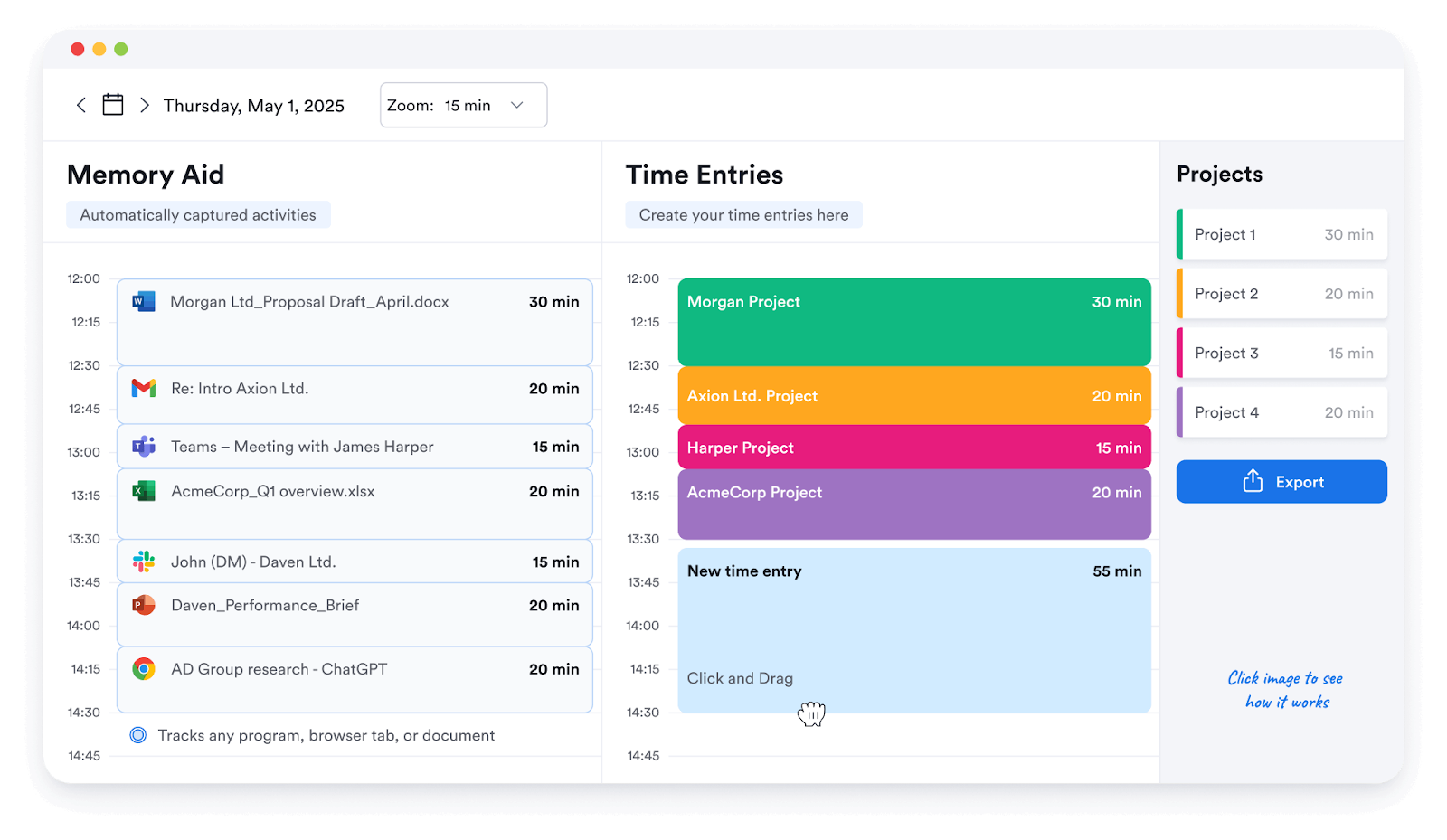 Memtime displays its home dashboard with three columns — Memory Aid, Time Entries, and Projects — showing automatically tracked activities to assign to projects.