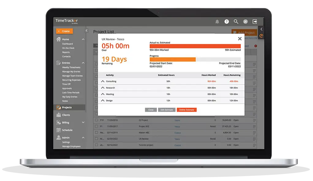 A laptop displays Time Tracker’s projects dashboard with a pop-up window showing information on a project called “UX Review - Tesco,” including a progress bar, actual versus estimated hours, and a list of activities with hours worked.