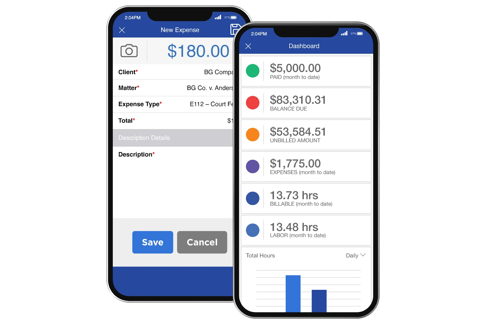 Two side-by-side phones display views of the Bill4Time mobile app, with text boxes for creating a new expense on one and a list of billing activities, like amounts paid and monthly expenses, on the other.