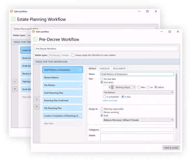 Smokeball displays two windows, each showing a list of tasks on the left and text boxes on the right for task details, such as name, due dates, and stakeholder assignments, to customize unique workflows.