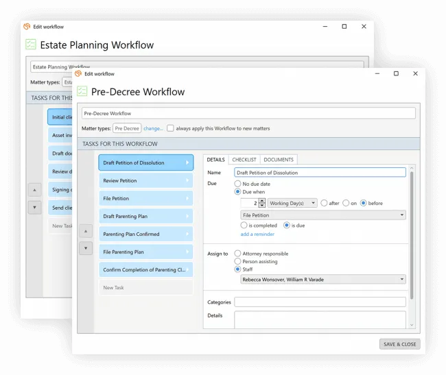 Smokeball displays two windows, each showing a list of tasks on the left and text boxes on the right for task details, such as name, due dates, and stakeholder assignments, to customize unique workflows.