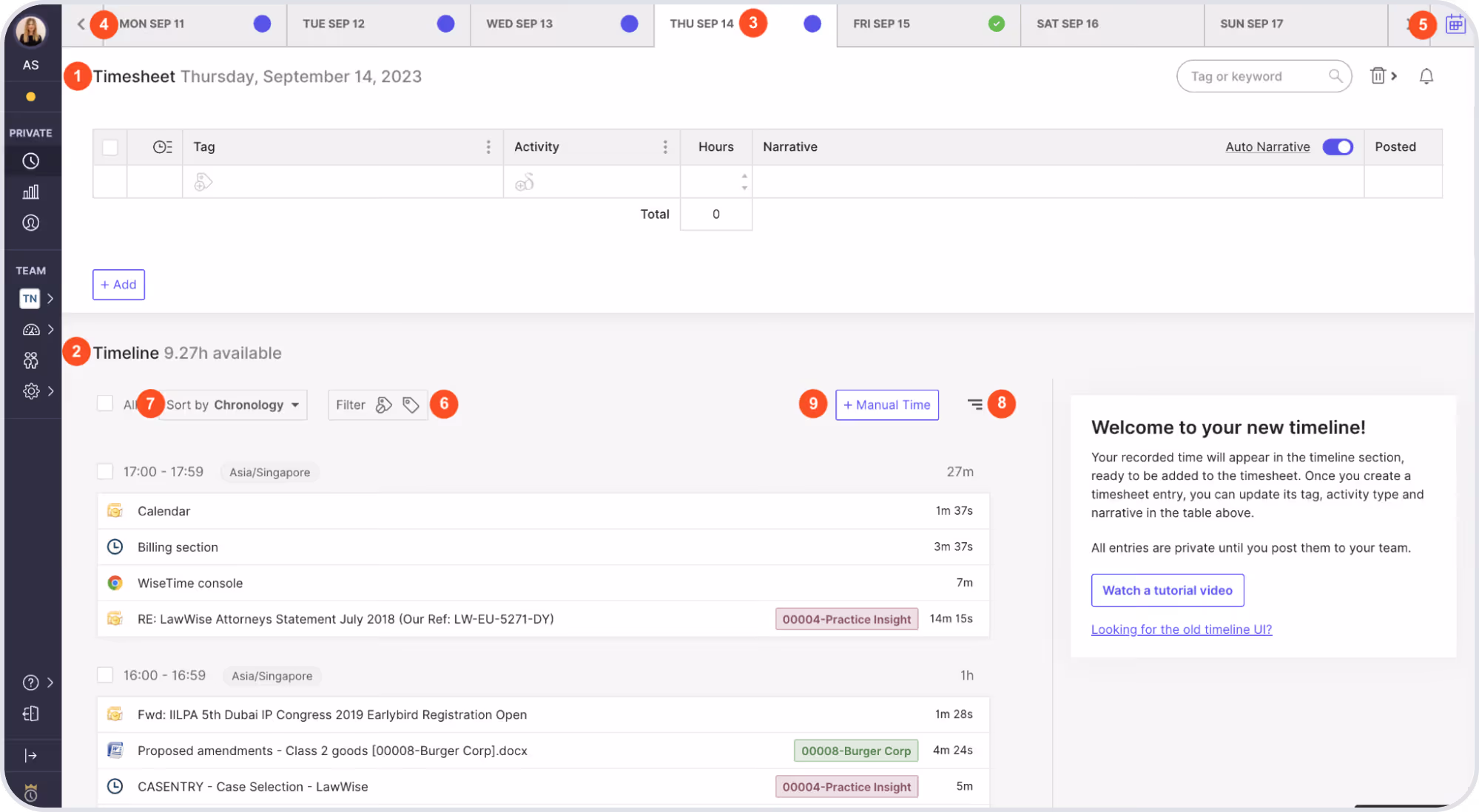 WiseTime displays its timeline dashboard with tabs for each day of the week across the top; a detailed timesheet in the middle; and a list of activities, like proposed amendments, at the bottom.