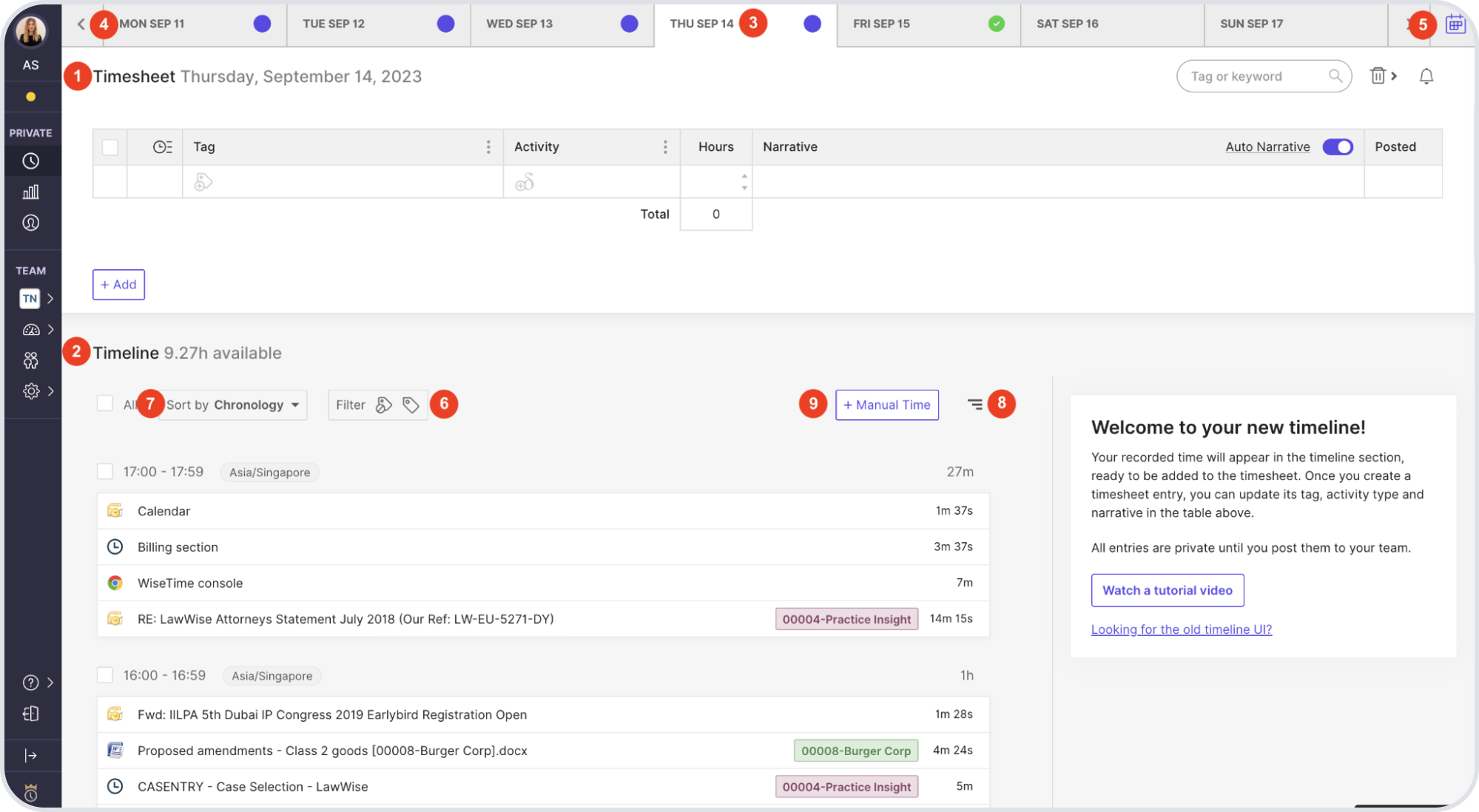 WiseTime displays its timeline dashboard with tabs for each day of the week across the top; a detailed timesheet in the middle; and a list of activities, like proposed amendments, at the bottom.