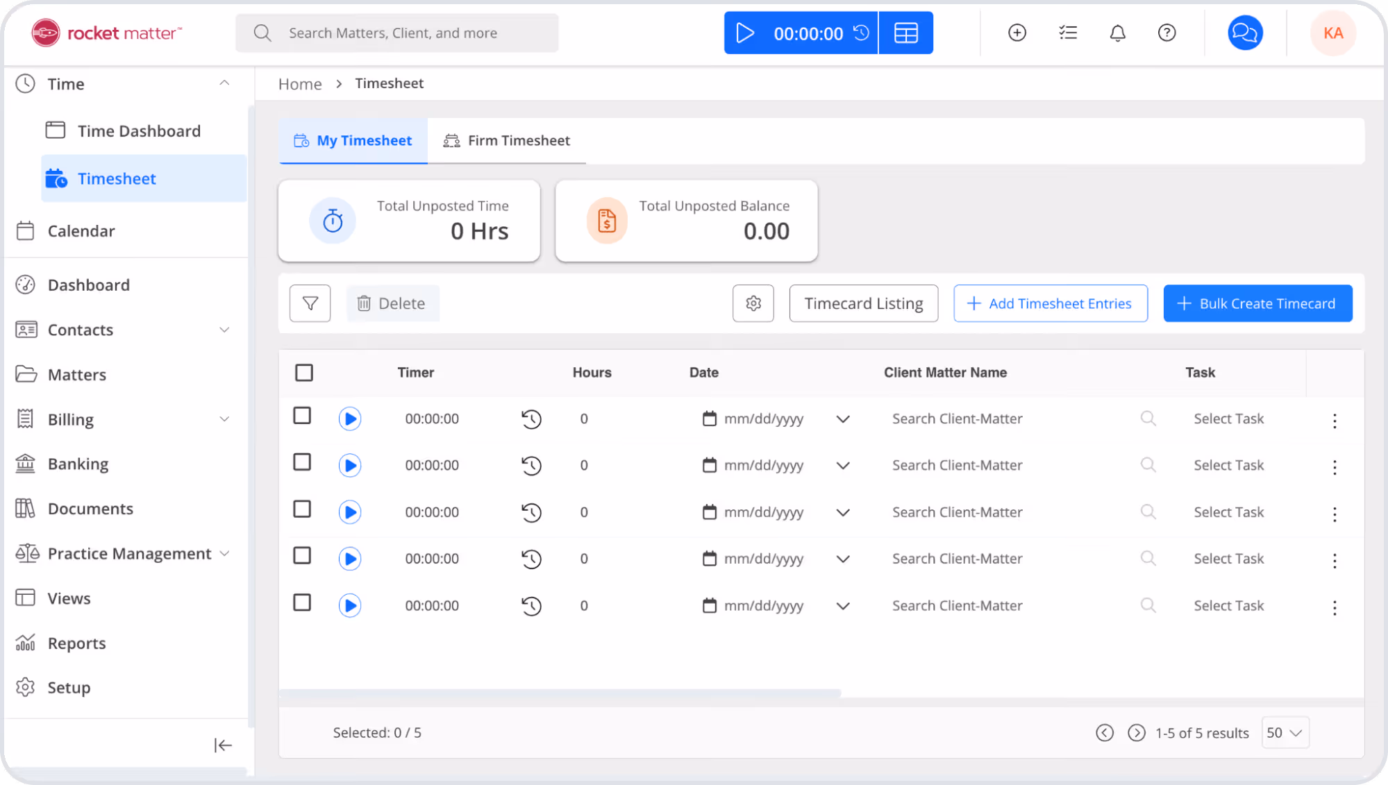 Rocket Matter displays its timesheet dashboard with a stopwatch start and stop control at the top, stats like total unposted time, and a list of tracked activities.