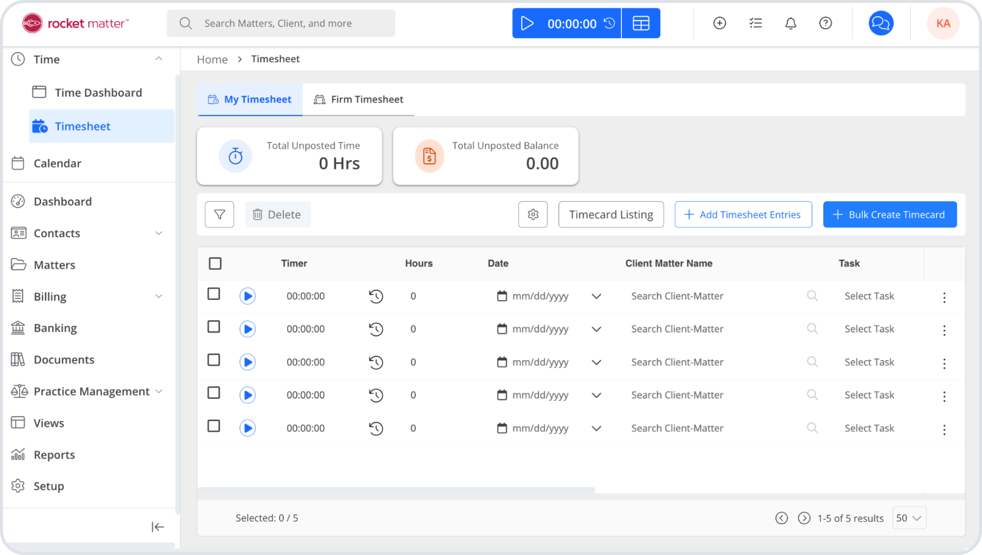 Rocket Matter displays its timesheet dashboard with a stopwatch start and stop control at the top, stats like total unposted time, and a list of tracked activities.